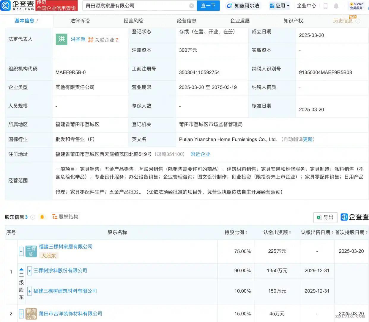 三棵树关联企业新动态 新公司聚焦建筑与家具业务